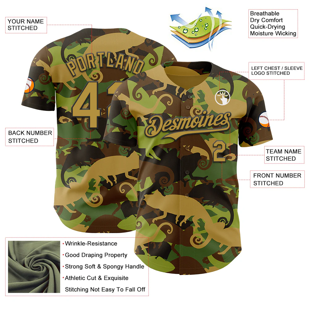 Custom Camo Old Gold-Black 3D Tobe Fonseca Armed Chameleon US Army Camouflage Authentic Baseball Jersey - Image 3