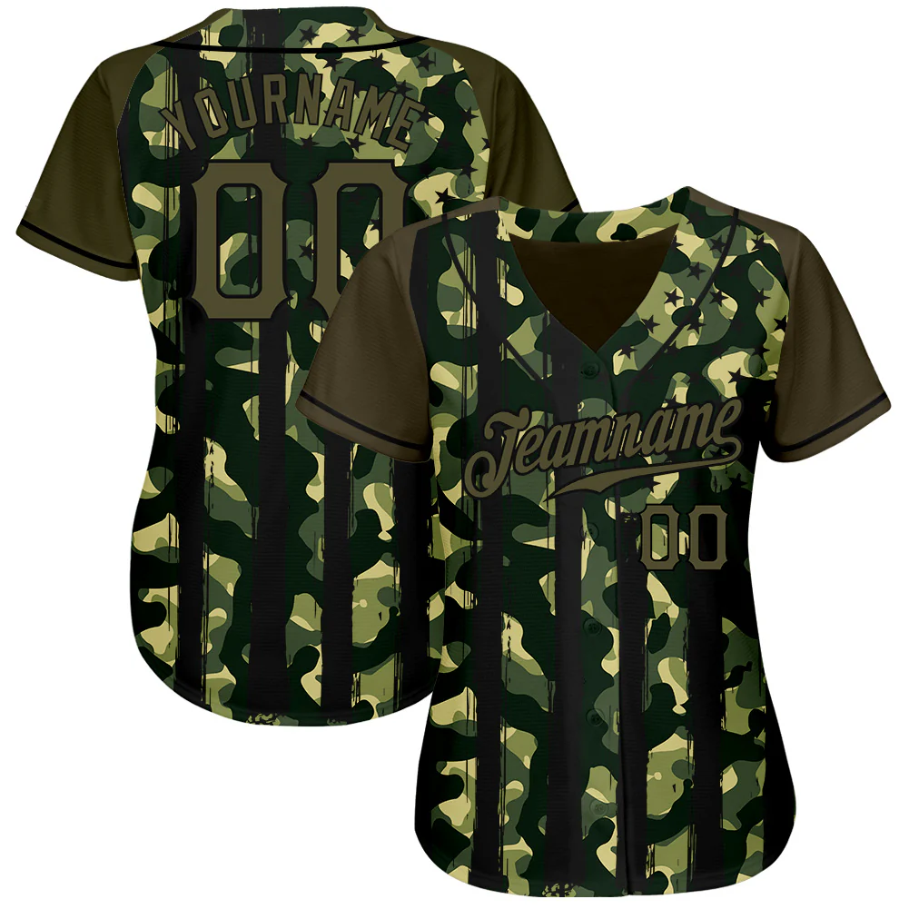 Custom Camo Olive-Black Distressed American Flag Patriotic Raglan Sleeves Authentic Baseball Jersey - Image 2