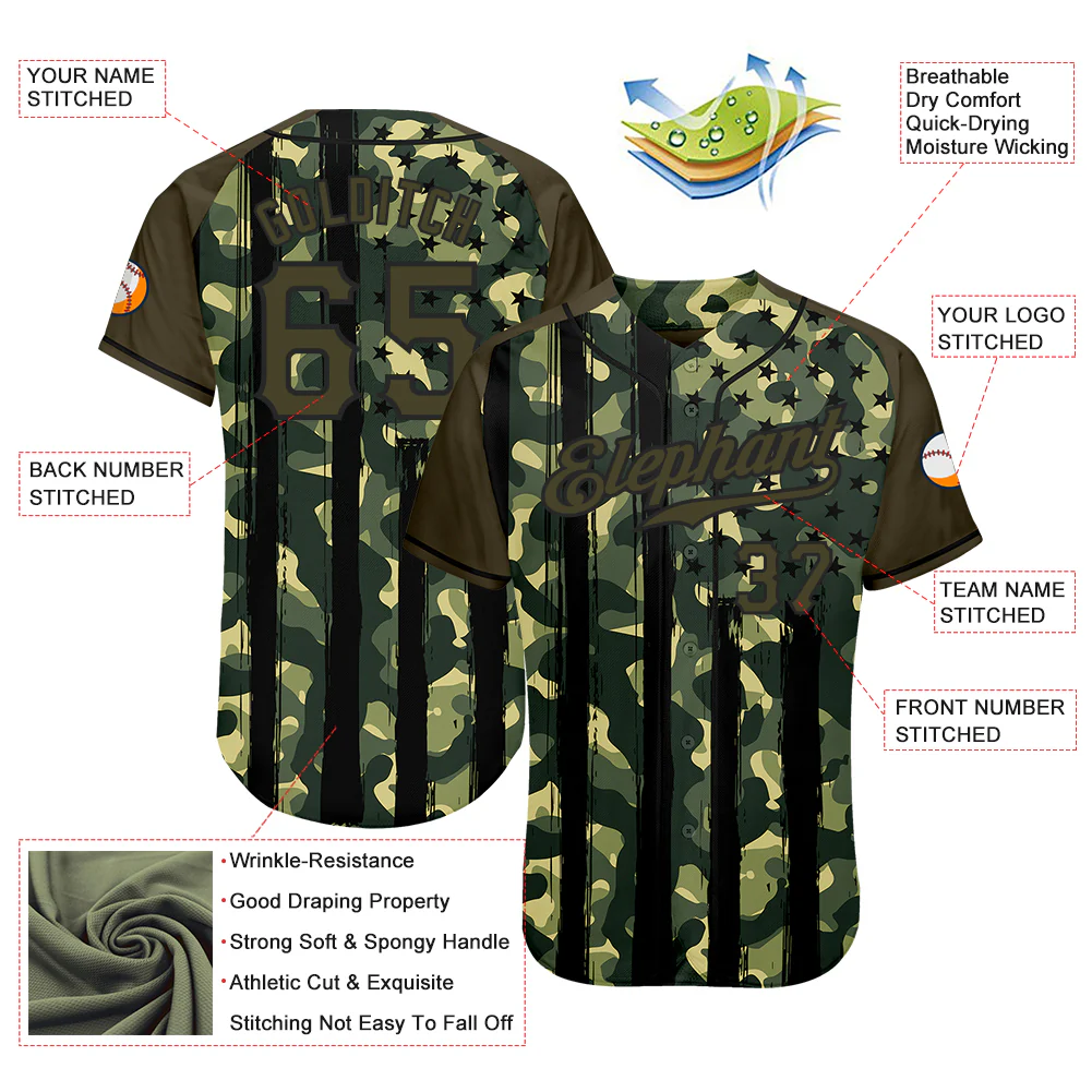 Custom Camo Olive-Black Distressed American Flag Patriotic Raglan Sleeves Authentic Baseball Jersey - Image 3