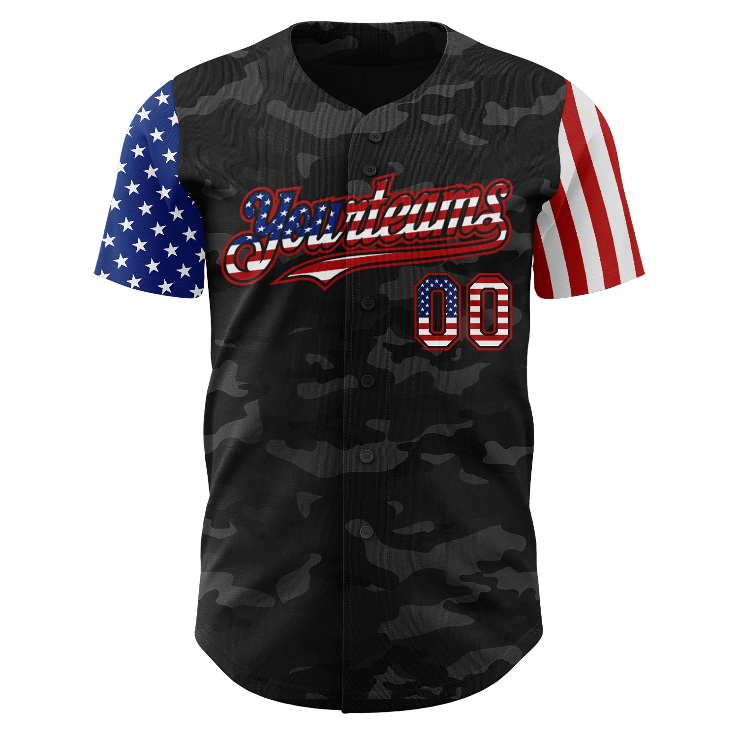 Custom Camo USA Flag Black-Red 3D Authentic Salute To Service Baseball Jersey - Image 2