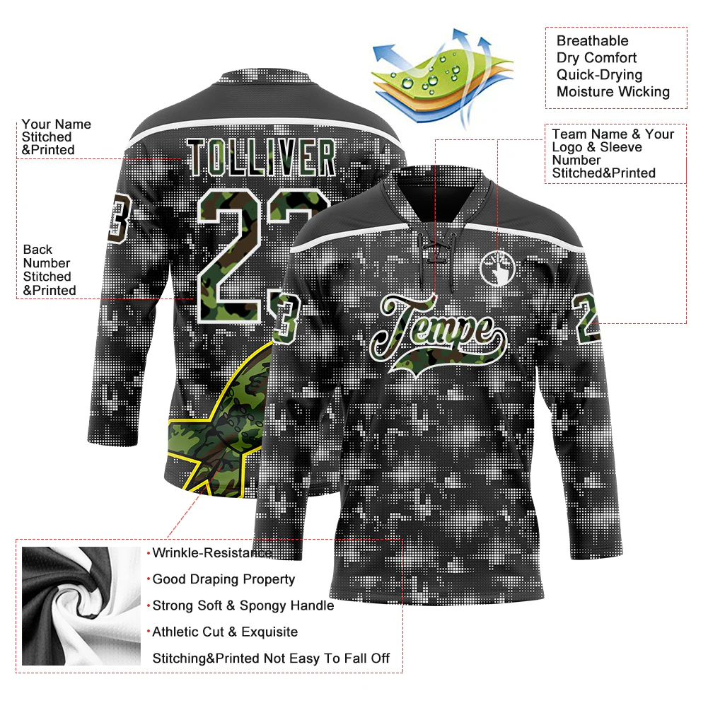 Custom Camo Black-White 3D Camouflage Digital Hockey Lace Neck Jersey - Image 5