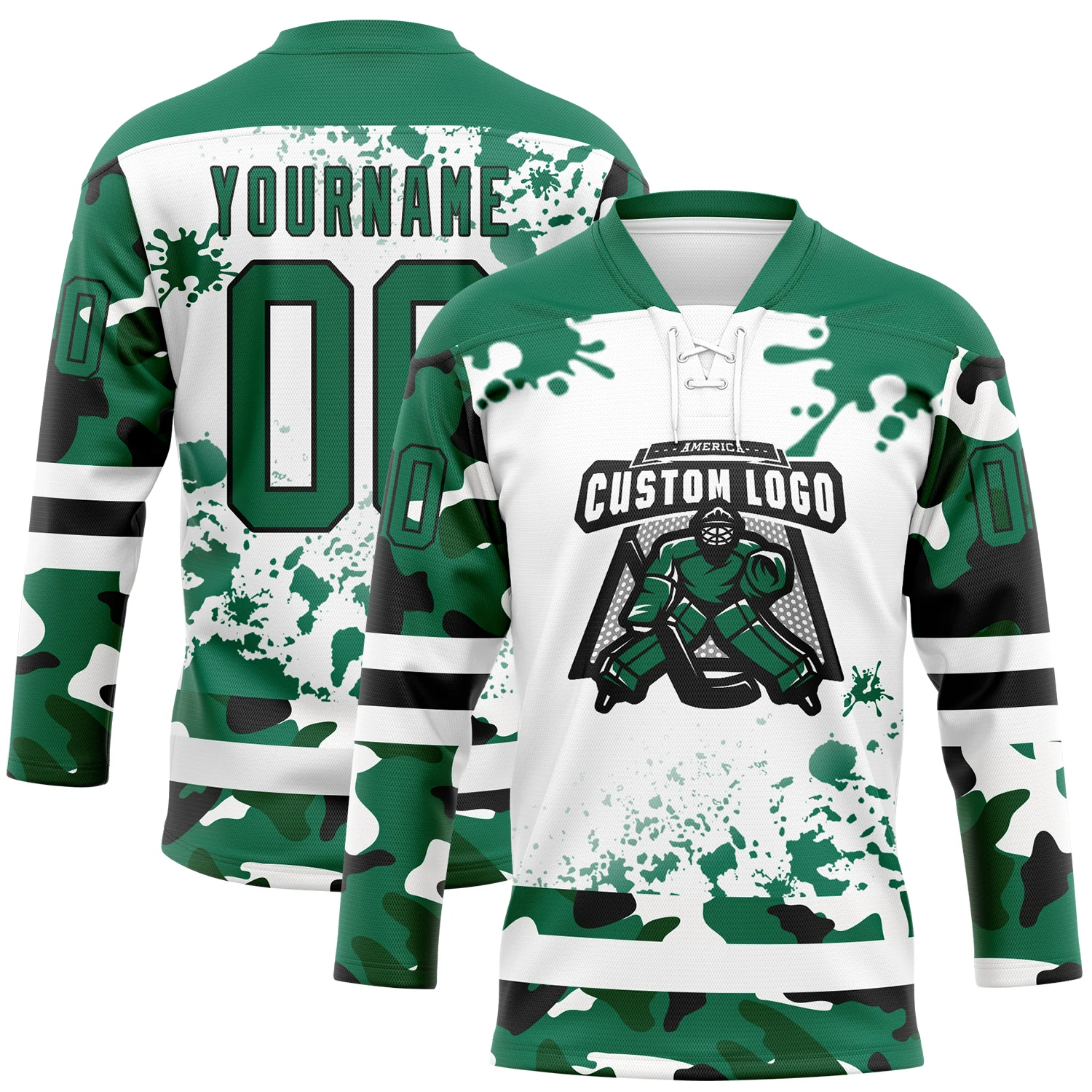 Custom Camo Kelly Green Black-White Splash Hockey Lace Neck Jersey - Image 2