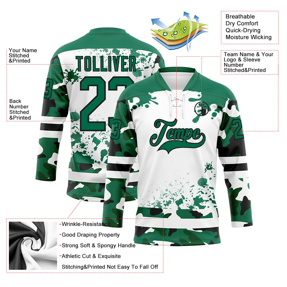 Custom Camo Kelly Green Black-White Splash Hockey Lace Neck Jersey - Image 3