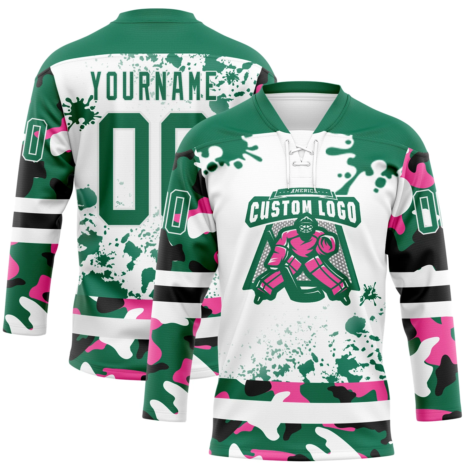 Custom Camo Kelly Green Black-White Splash Hockey Lace Neck Jersey - Image 2