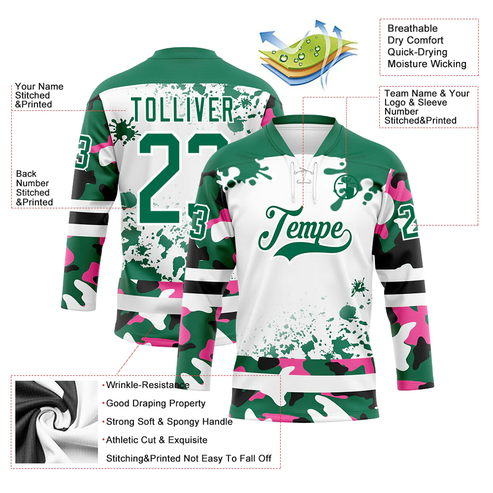 Custom Camo Kelly Green Black-White Splash Hockey Lace Neck Jersey - Image 3