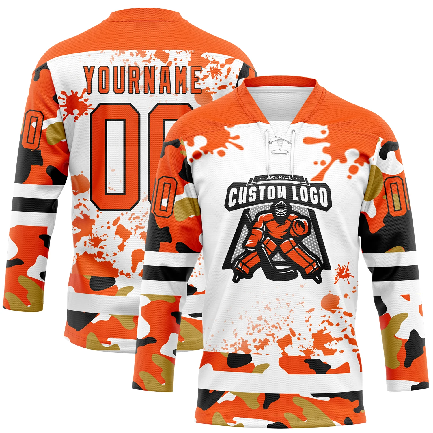 Custom Camo Orange Black-White Splash Hockey Lace Neck Jersey - Image 2