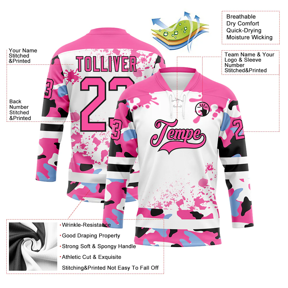 Custom Camo Pink Black-White Splash Hockey Lace Neck Jersey - Image 3