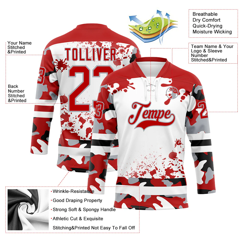 Custom Camo Red Black Gray-White Splash Hockey Lace Neck Jersey - Image 3