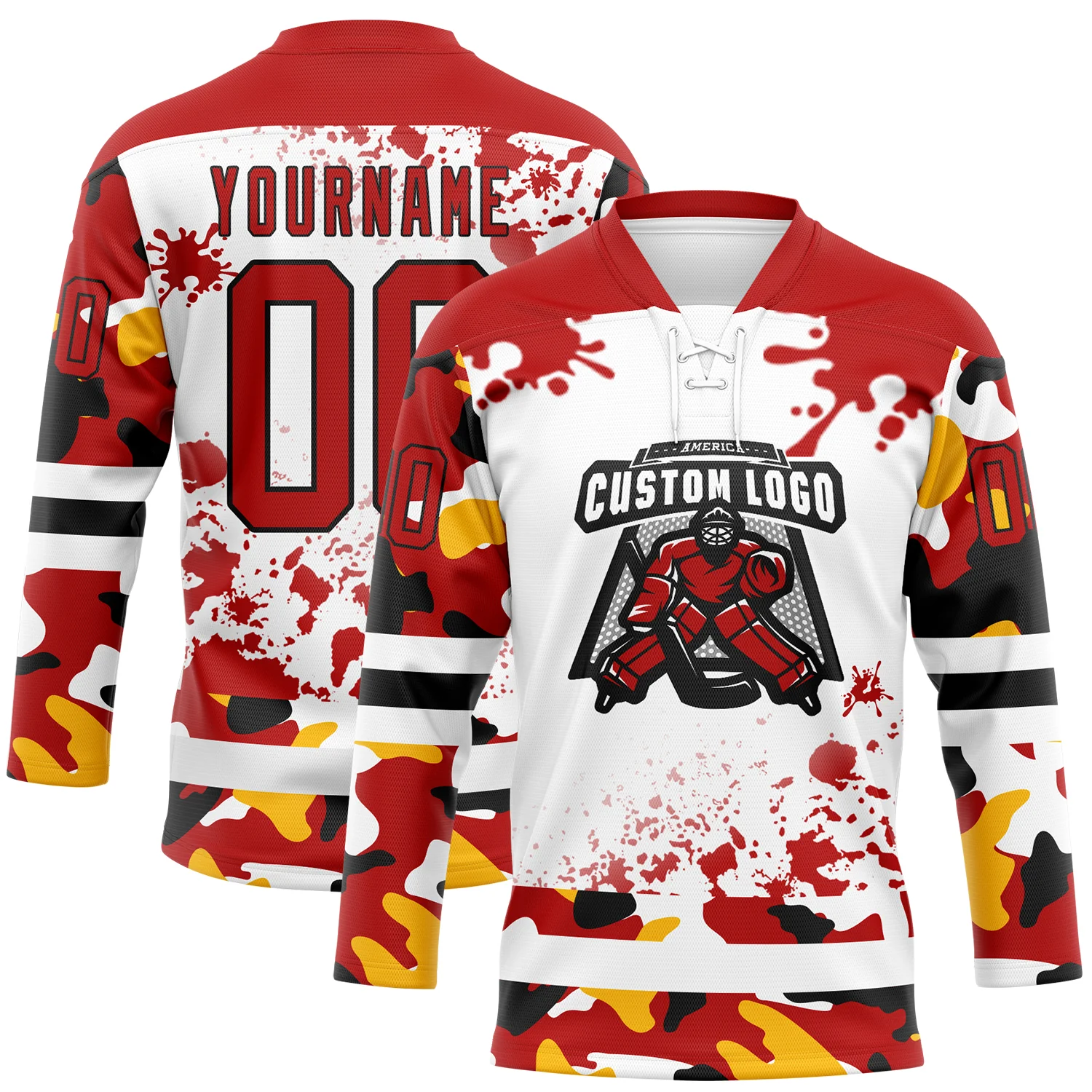 Custom Camo Red Black-White Splash Hockey Lace Neck Jersey - Image 2
