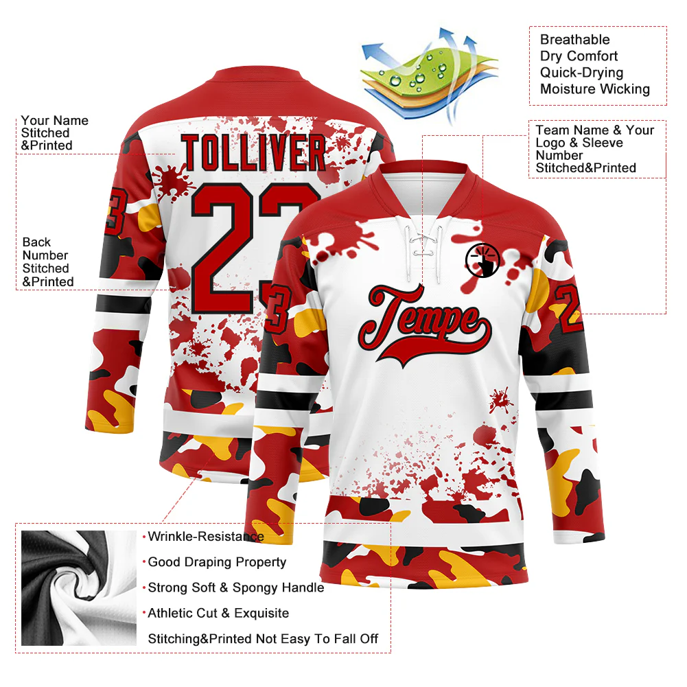 Custom Camo Red Black-White Splash Hockey Lace Neck Jersey - Image 3