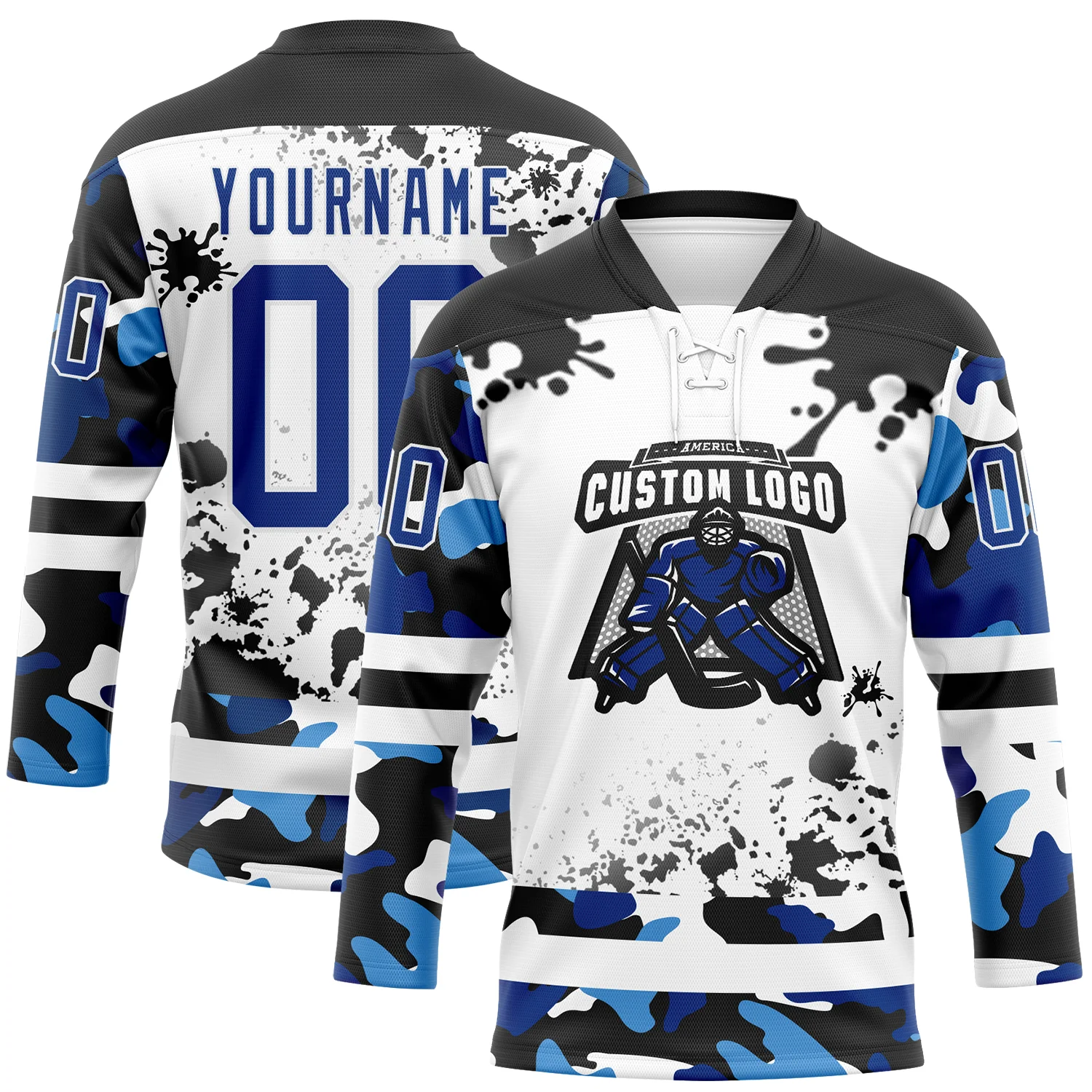 Custom Camo Royal Black-White Splash Hockey Lace Neck Jersey - Image 2