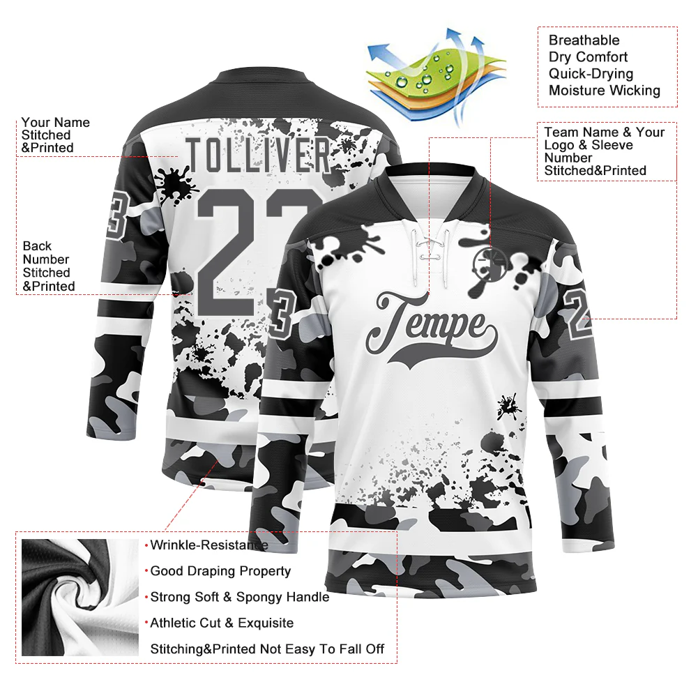 Custom Camo Steel Gray Black-White Splash Hockey Lace Neck Jersey - Image 3