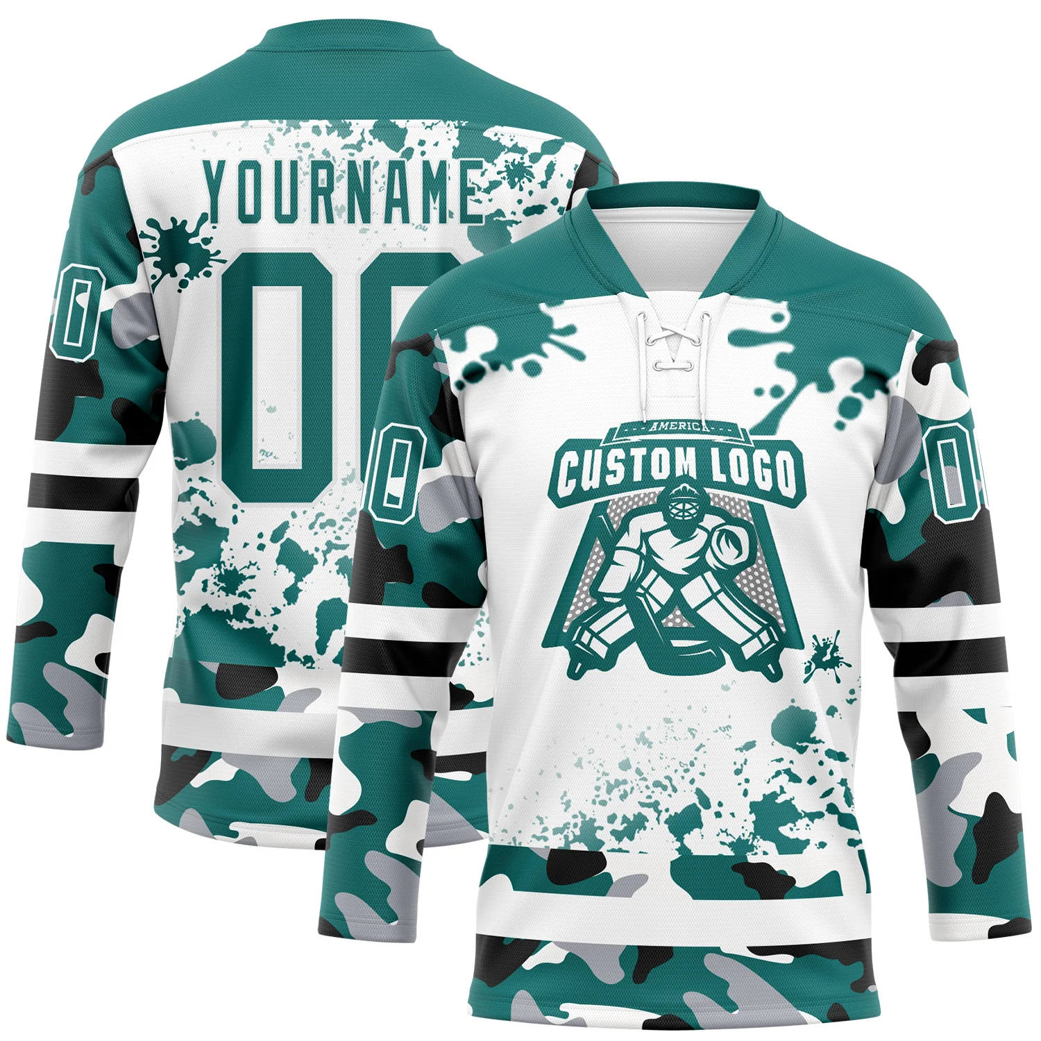 Custom Camo Teal Black-White Splash Hockey Lace Neck Jersey - Image 2
