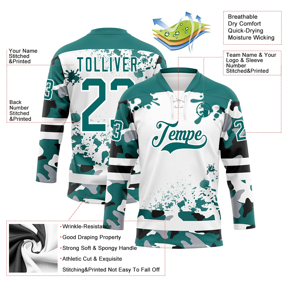 Custom Camo Teal Black-White Splash Hockey Lace Neck Jersey - Image 3