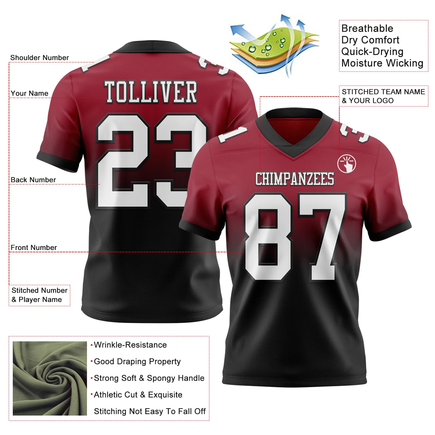 Custom Cardinal White-Black Authentic Fade Fashion Football Jersey - Image 2
