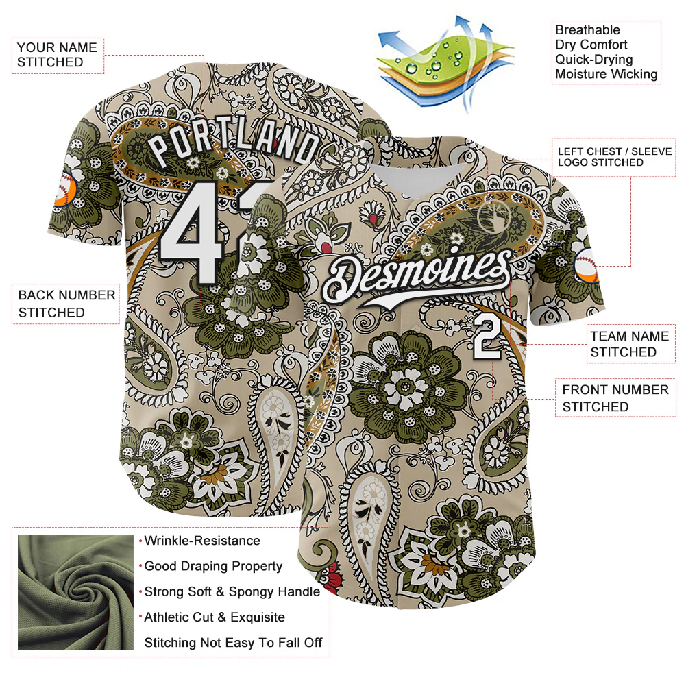 Custom City Cream White-Black Rave Party Ethnic Paisley Bandana Authentic Baseball Jersey - Image 3