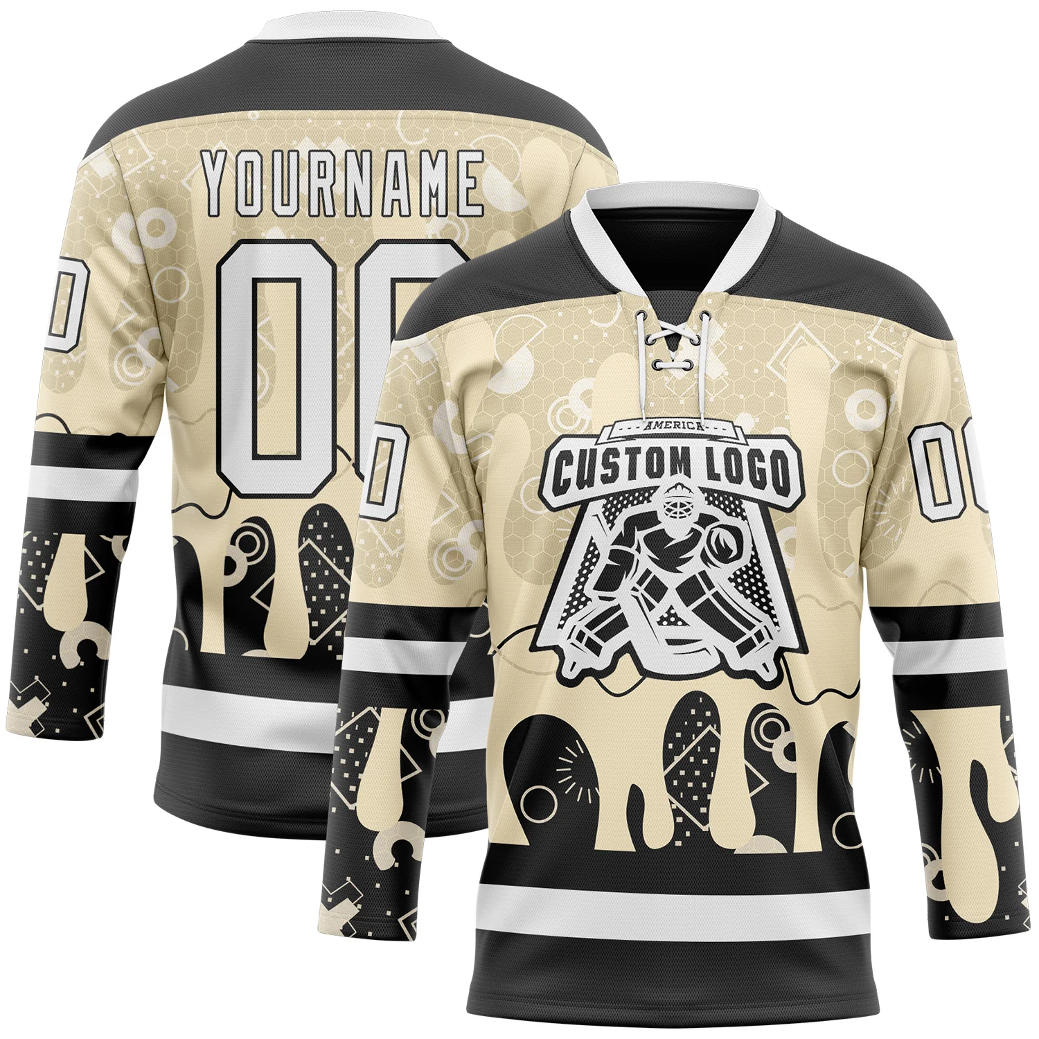 Custom City Cream White-Black Abstract Splatter Paint Hockey Lace Neck Jersey - Image 2