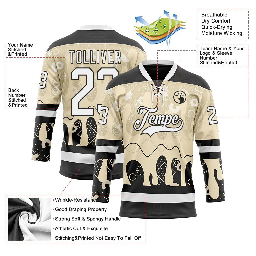 Custom City Cream White-Black Abstract Splatter Paint Hockey Lace Neck Jersey - Image 5