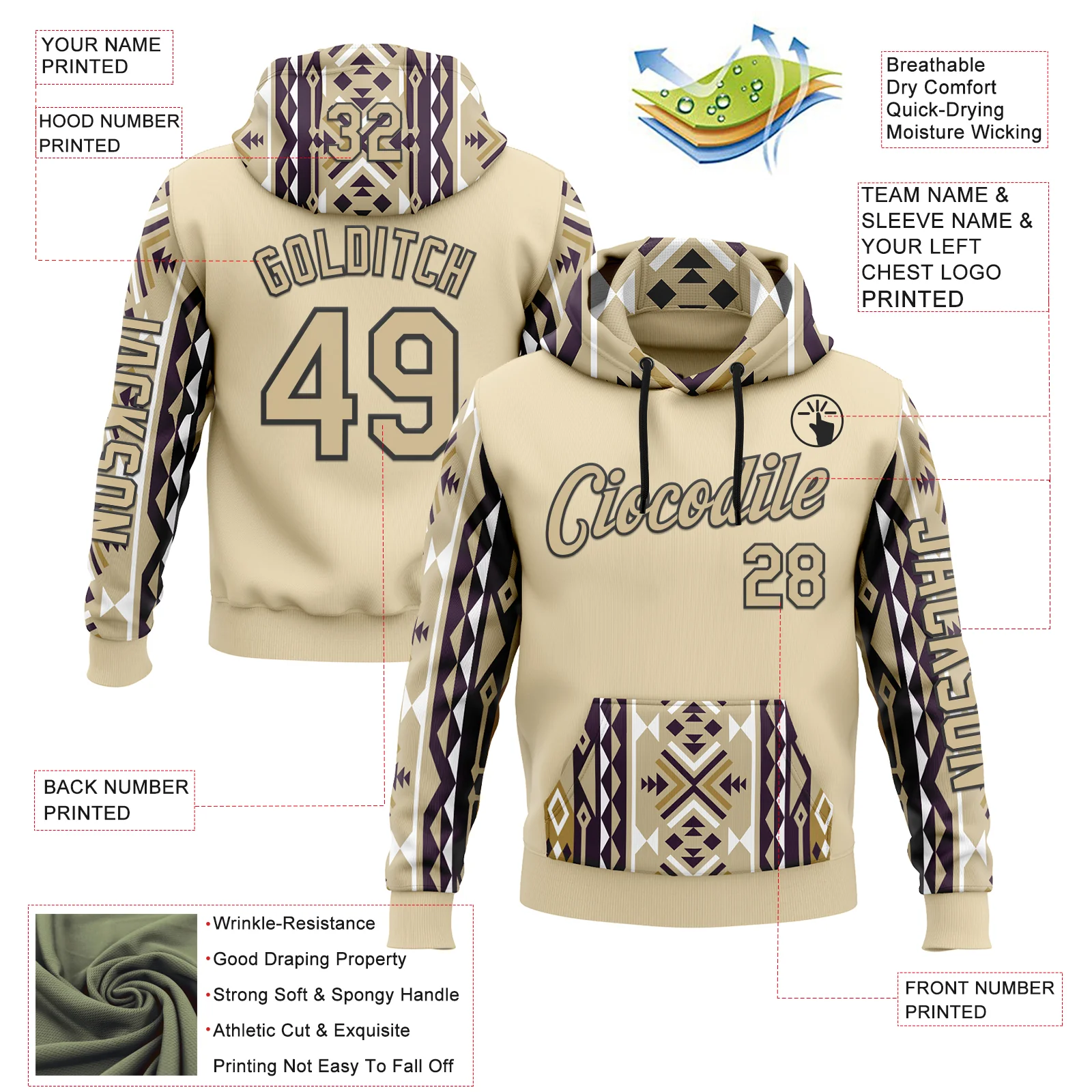 Custom City Cream Vegas Gold-Black 3D Pattern Design Western Cowboy Tribal Ethnic Sports Pullover Sweatshirt Hoodie - Image 2