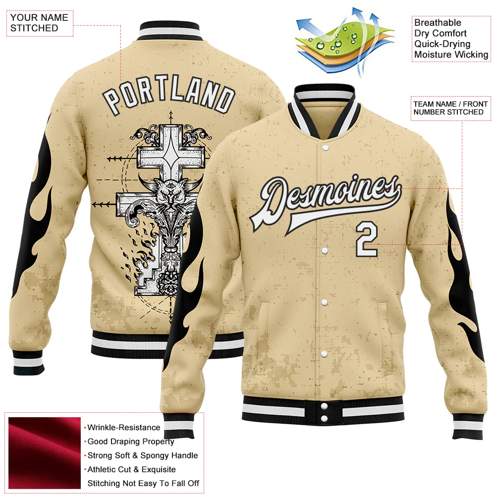 Custom City Cream White-Black Gothic Flame Cross Grunge Bomber Full-Snap Varsity Letterman Jacket - Image 4