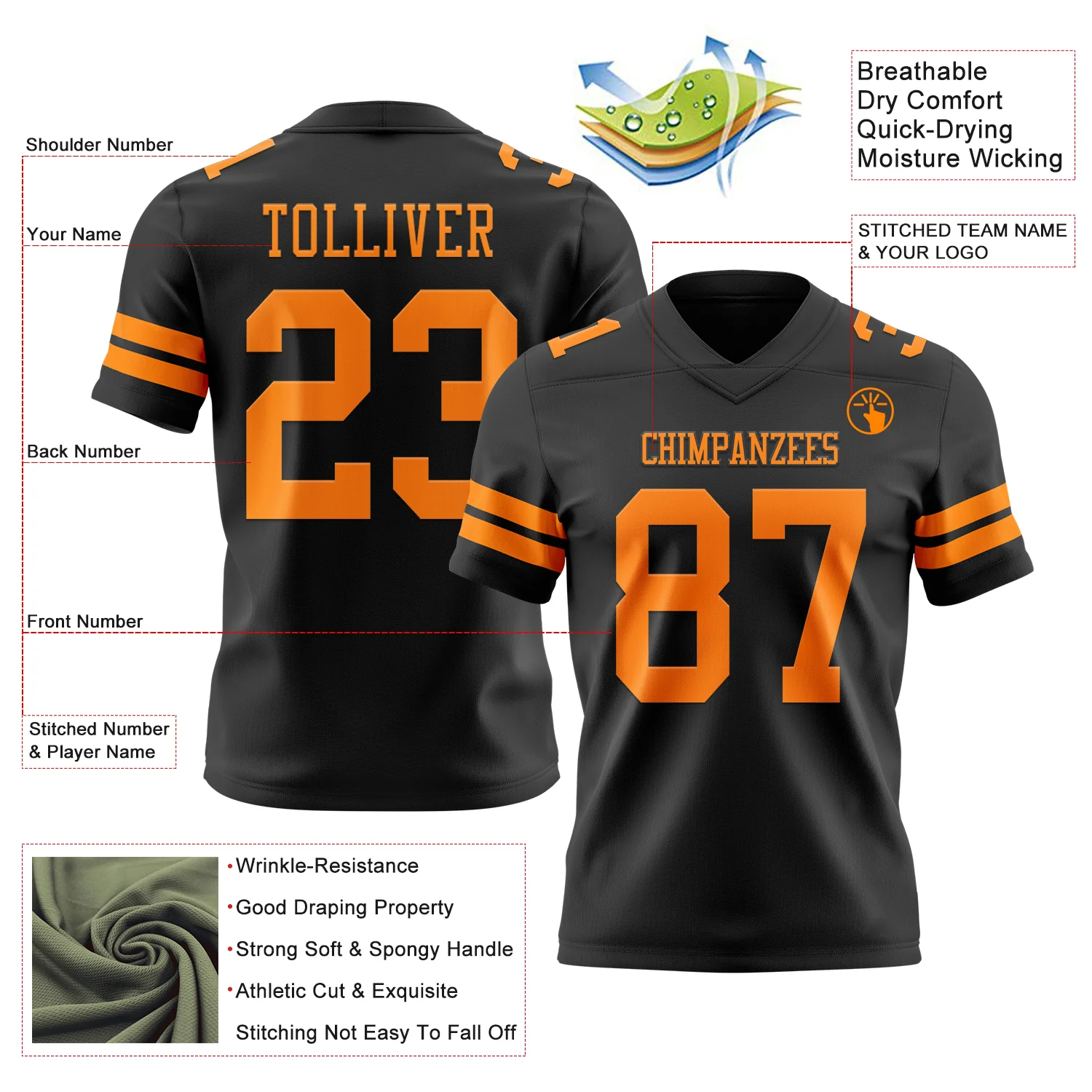 Custom Black Bay Orange Authentic Football Jersey - Image 3