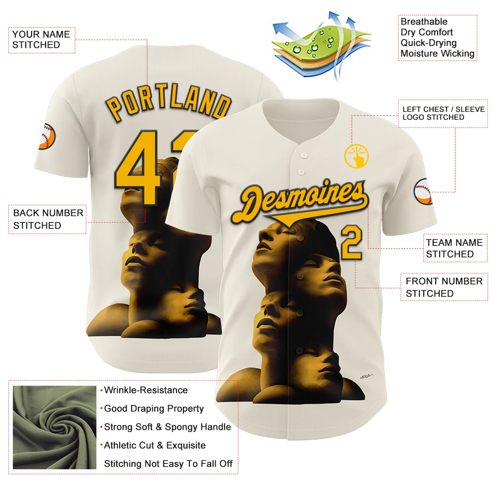 Custom Cream Gold-Black 3D Marcel Caram Composition With Head Authentic Baseball Jersey - Image 3