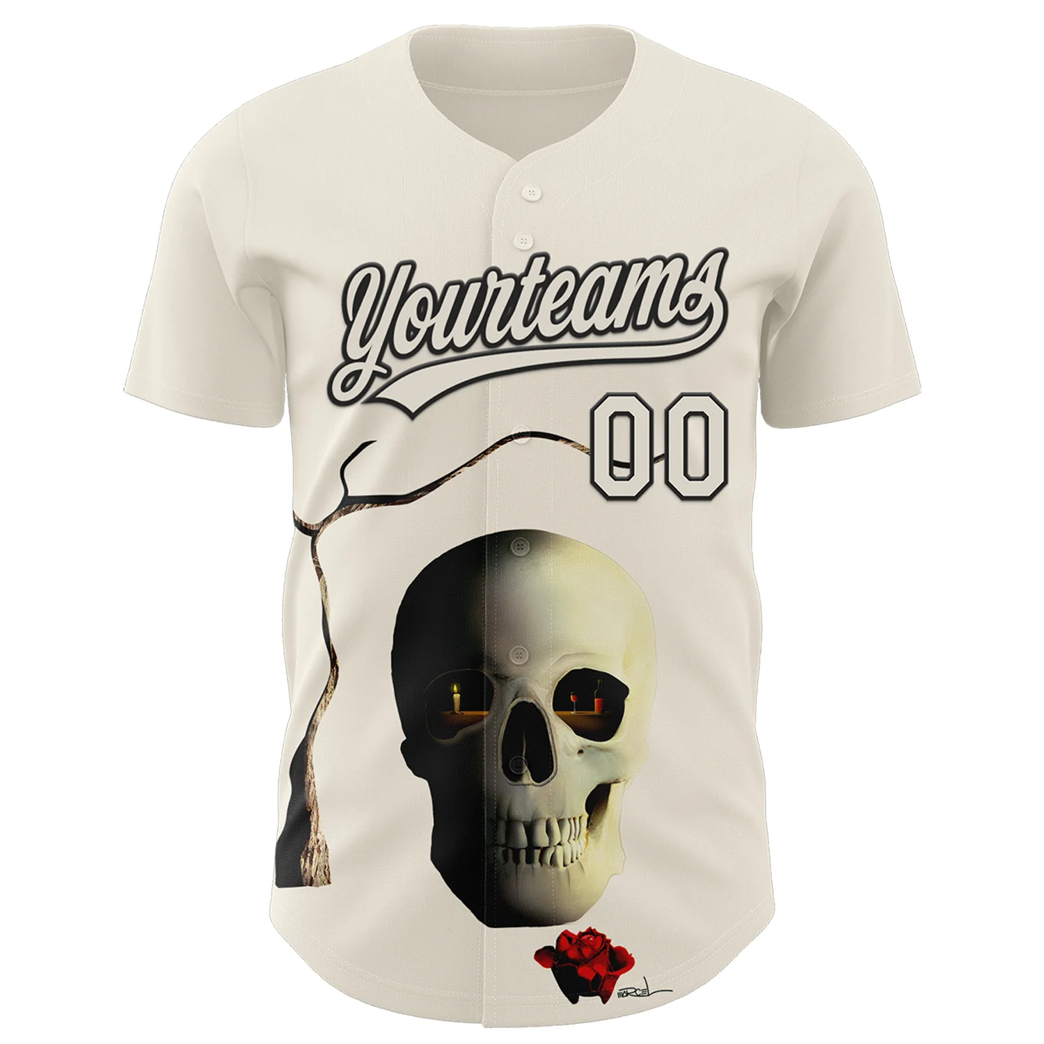 Custom Cream Black 3D Marcel Caram The Skull Authentic Baseball Jersey - Image 2