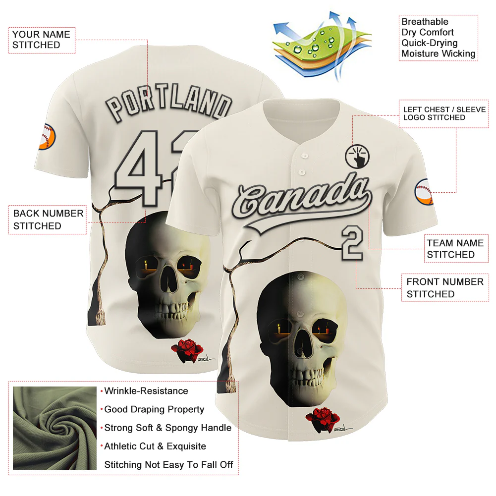 Custom Cream Black 3D Marcel Caram The Skull Authentic Baseball Jersey - Image 3