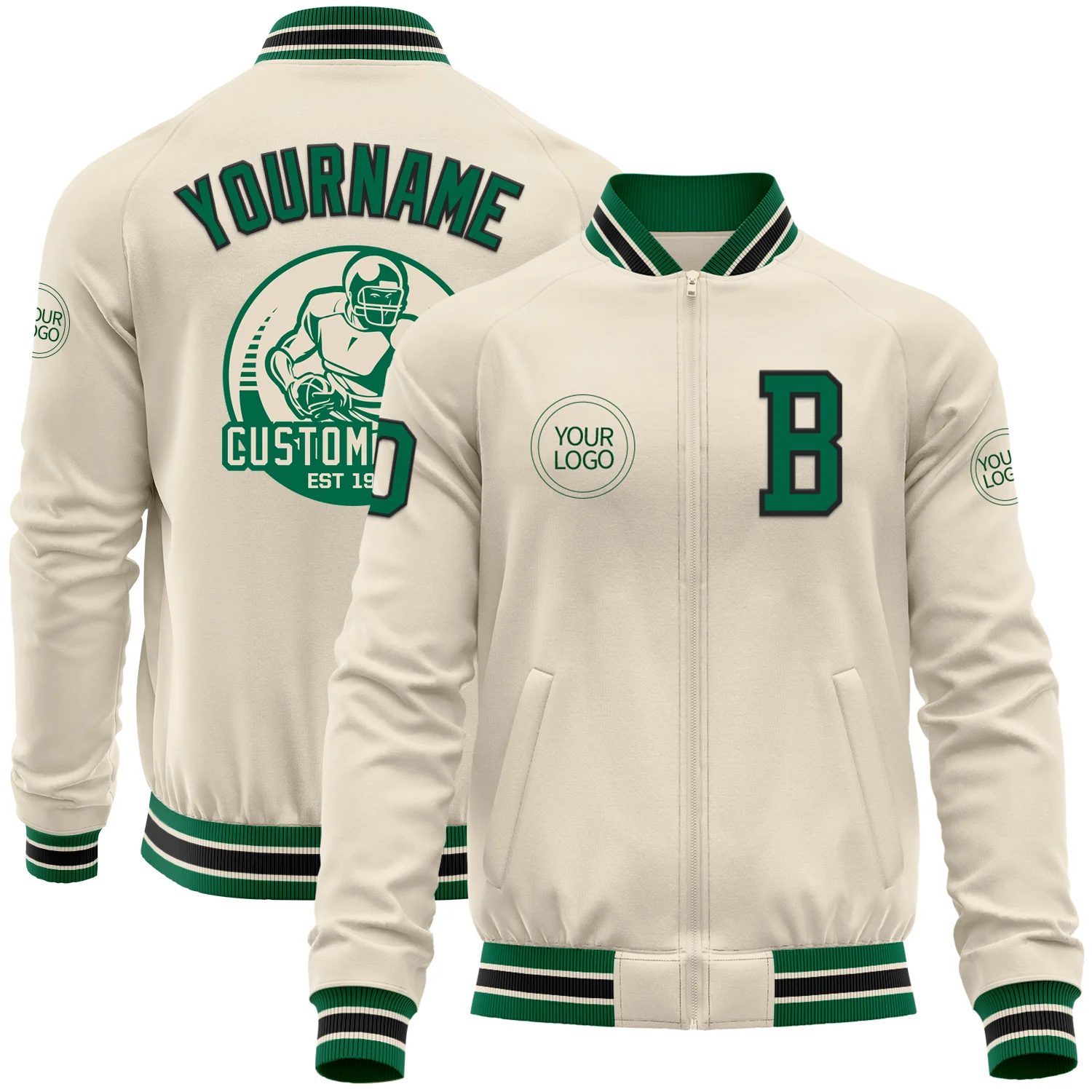 Custom Cream Kelly Green-Black Bomber Varsity Letterman Zipper Jacket