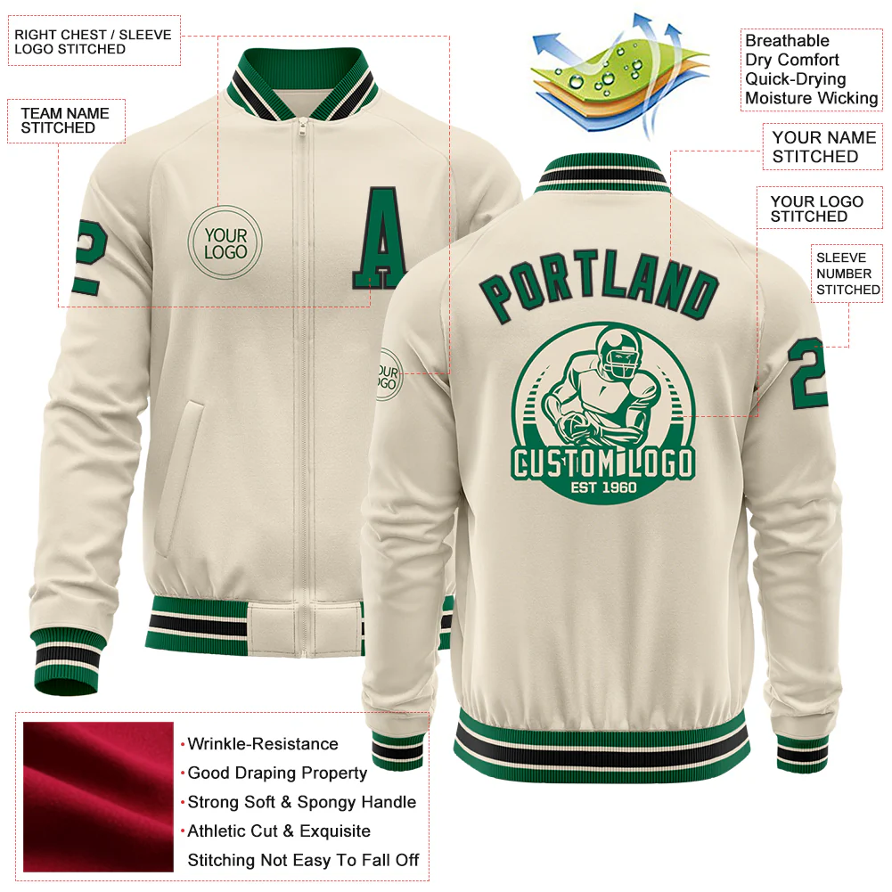 Custom Cream Kelly Green-Black Bomber Varsity Letterman Zipper Jacket - Image 4