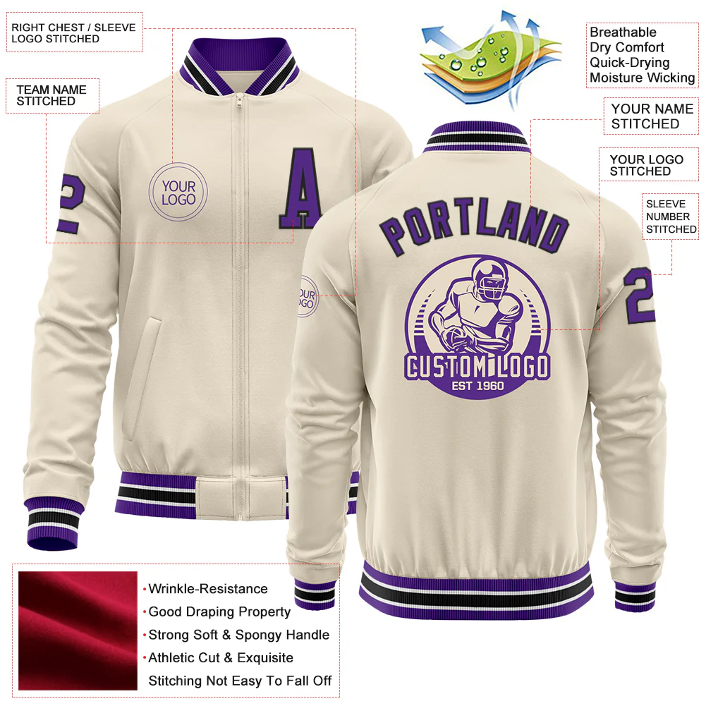 Custom Cream Purple Black-White Bomber Varsity Letterman Zipper Jacket - Image 4