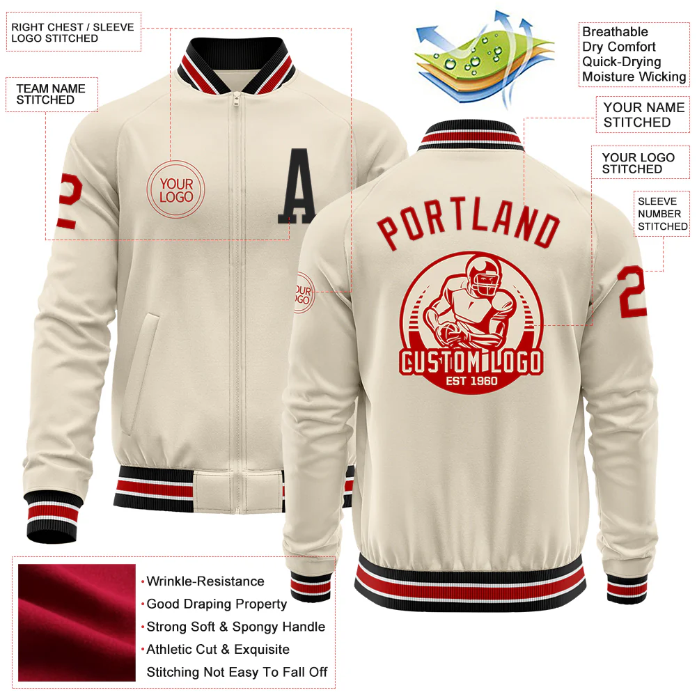 Custom Cream Red-Black Bomber Varsity Letterman Zipper Jacket - Image 4