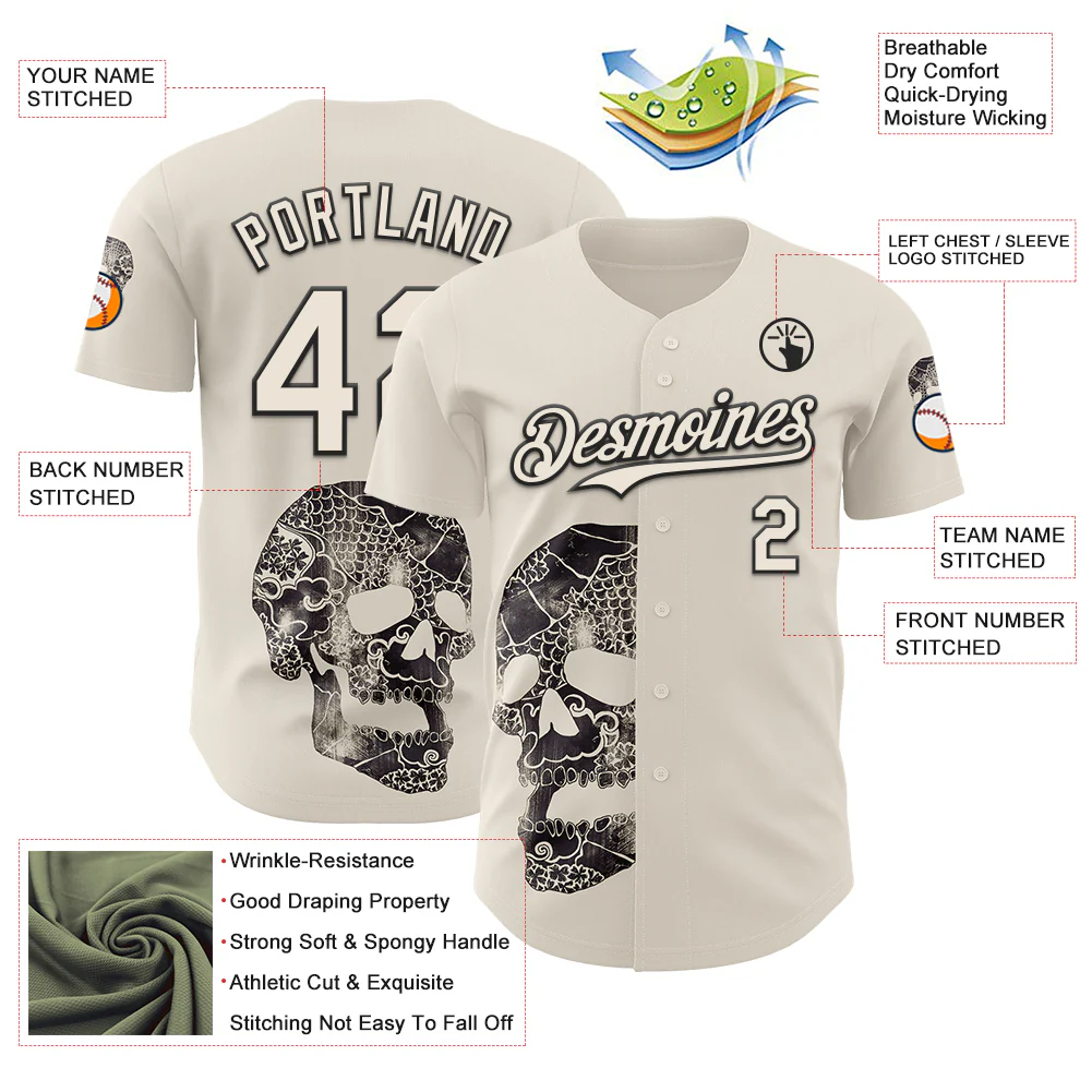 Custom Cream Cream-Black 3D Tobe Fonseca Ancestors Skull Authentic Baseball Jersey - Image 3
