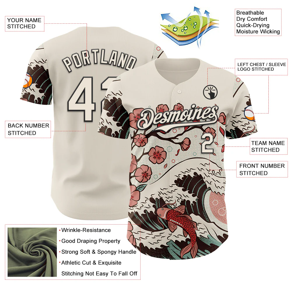 Custom Cream Cream-Black 3D Tobe Fonseca Japanese Anime Koi Flower Authentic Baseball Jersey - Image 3
