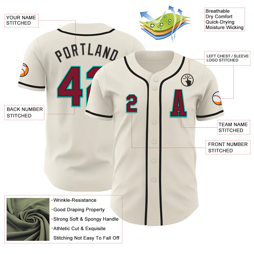 Custom Cream Crimson Black-Aqua Authentic Baseball Jersey - Image 2