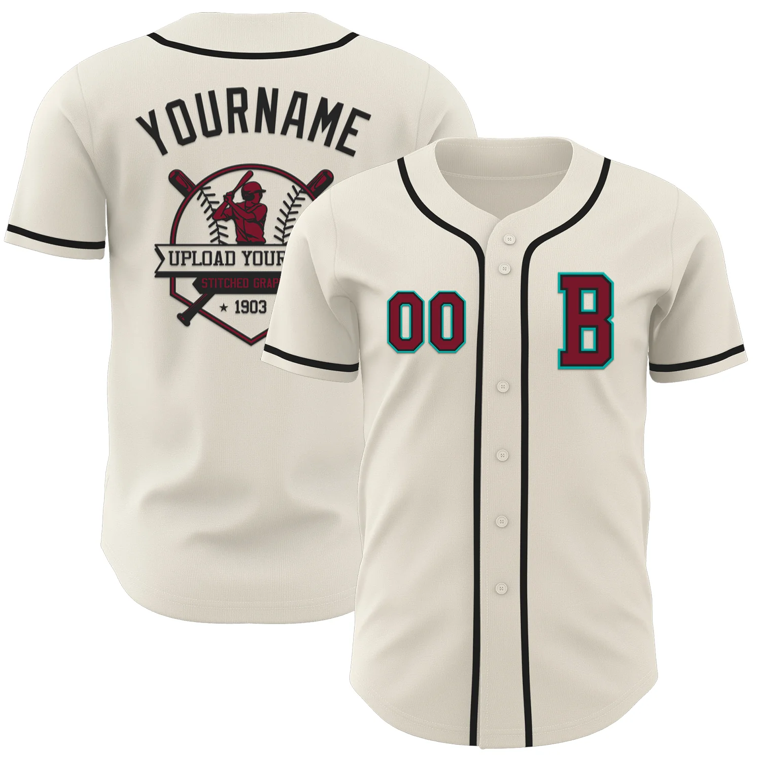 Custom Cream Crimson Black-Aqua Authentic Baseball Jersey - Image 5