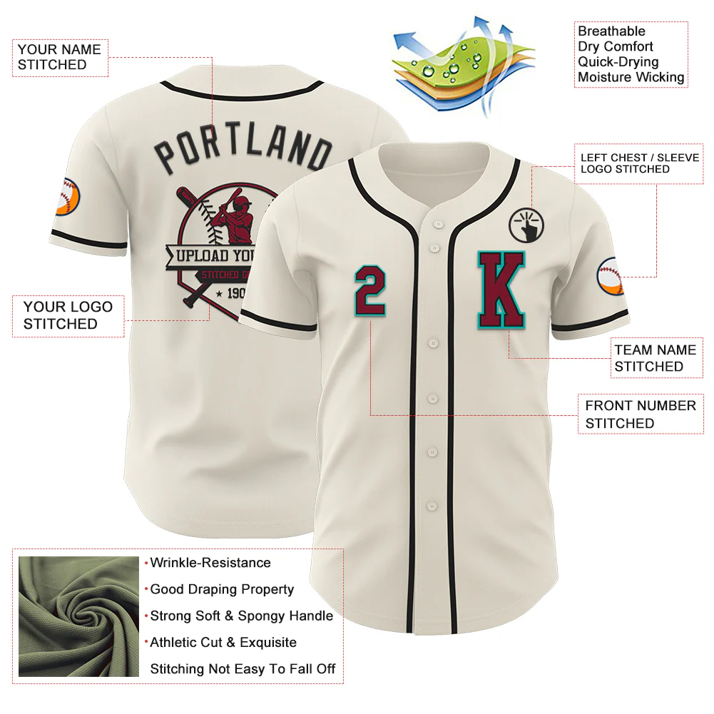 Custom Cream Crimson Black-Aqua Authentic Baseball Jersey - Image 6