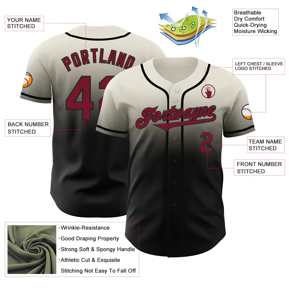 Custom Cream Crimson-Black Authentic Fade Fashion Baseball Jersey - Image 3
