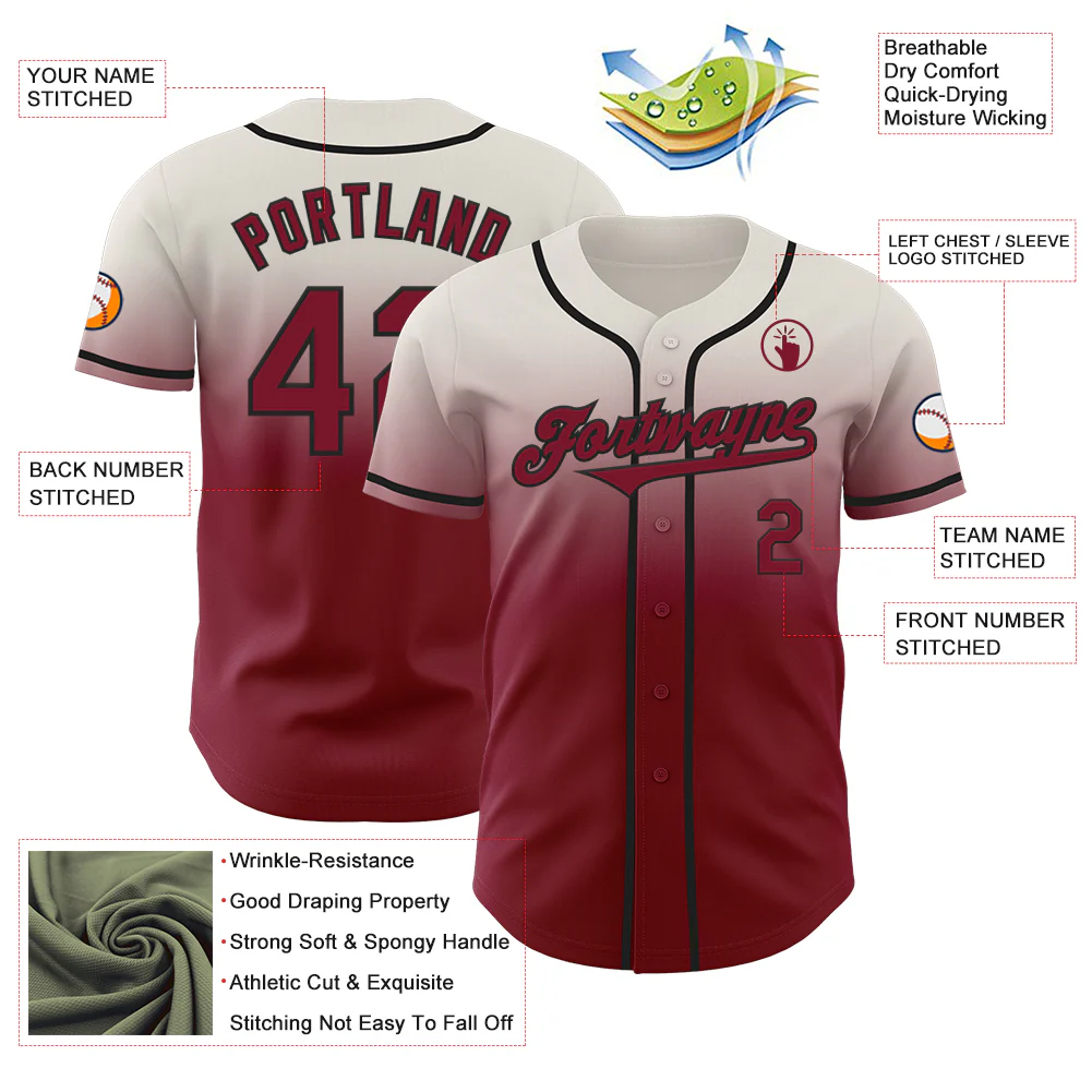 Custom Cream Crimson-Black Authentic Fade Fashion Baseball Jersey - Image 3