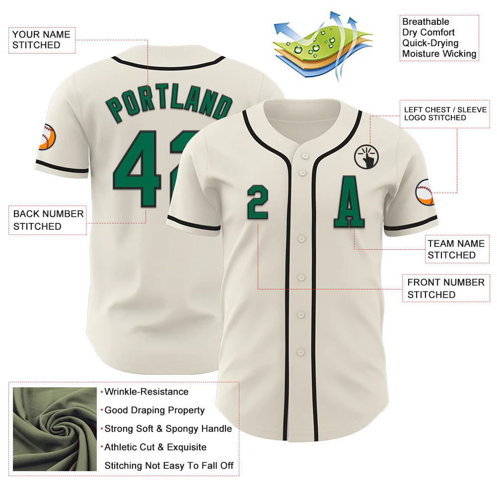 Custom Cream Kelly Green-Black Authentic Baseball Jersey - Image 2