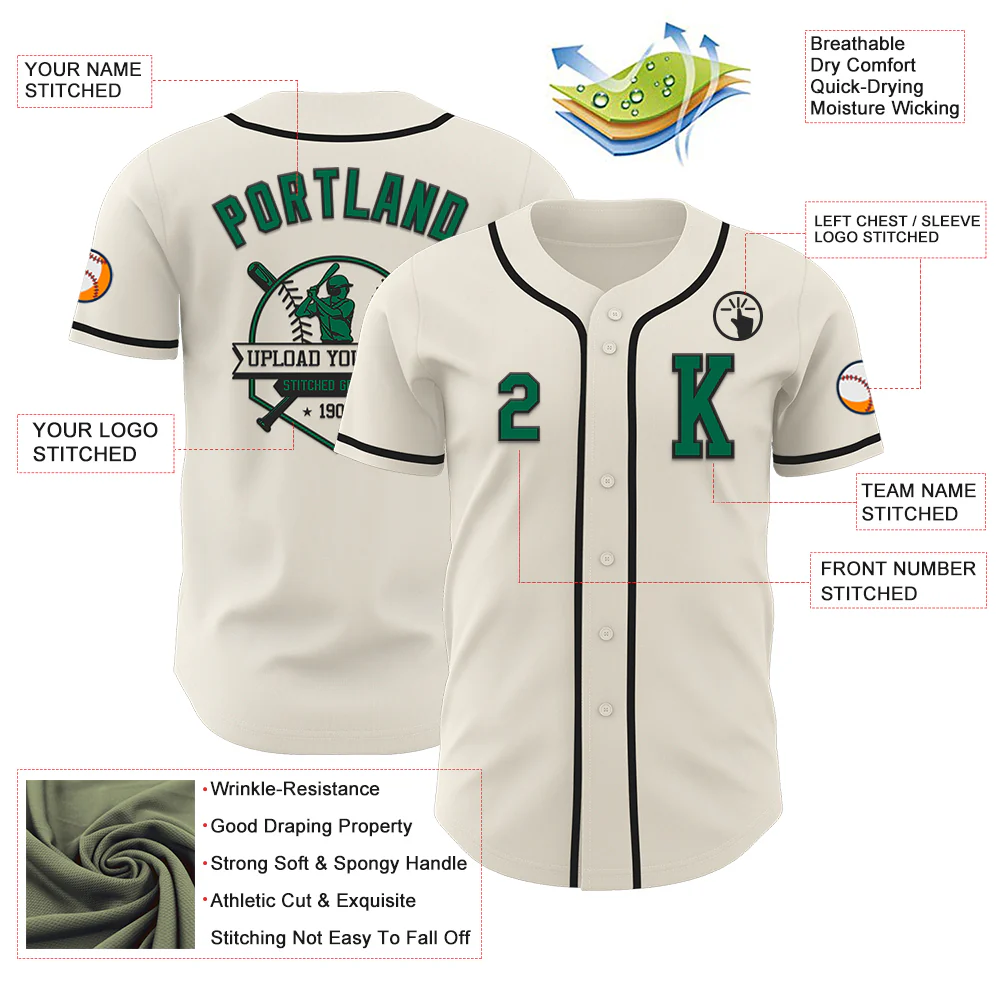 Custom Cream Kelly Green-Black Authentic Baseball Jersey - Image 6