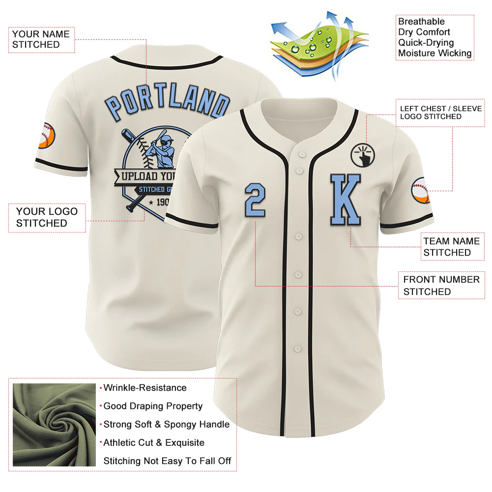 Custom Cream Light Blue-Black Authentic Baseball Jersey - Image 6