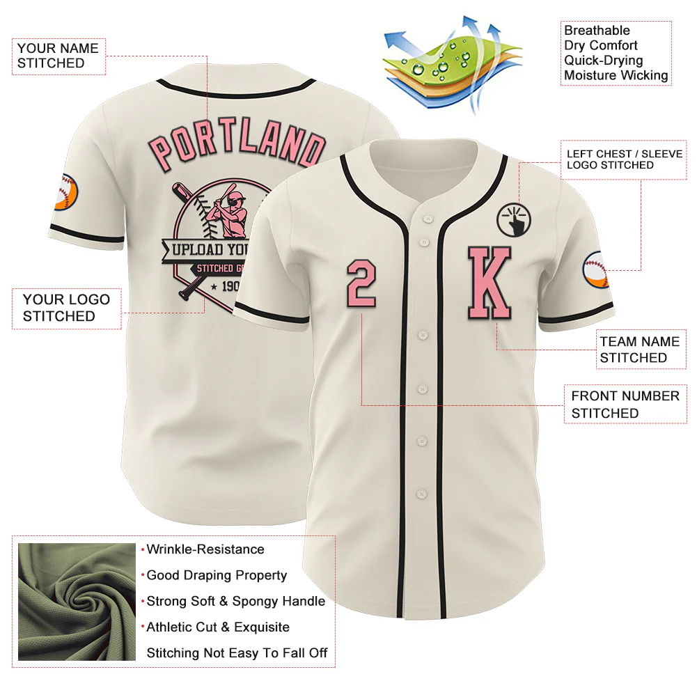 Custom Cream Medium Pink-Black Authentic Baseball Jersey - Image 6