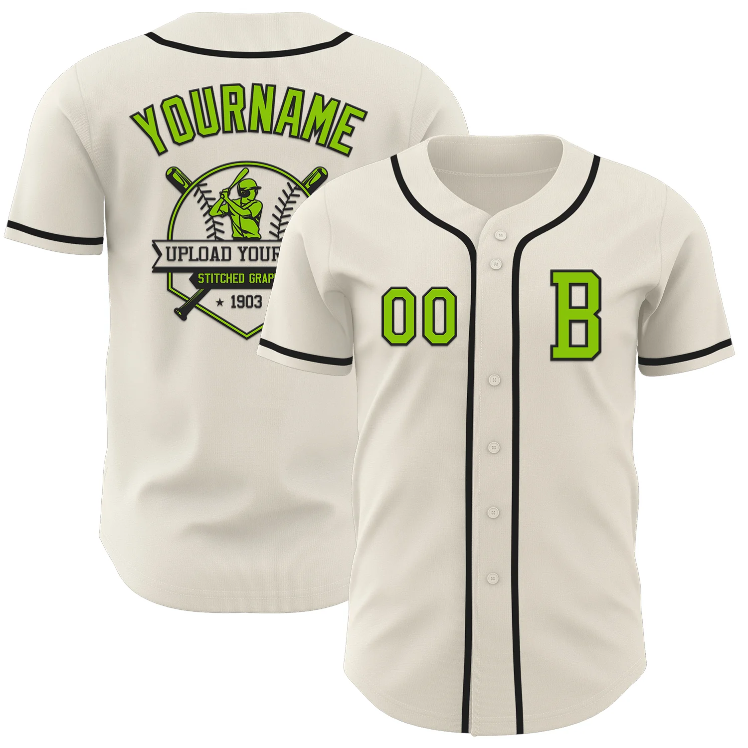 Custom Cream Neon Green-Black Authentic Baseball Jersey - Image 5