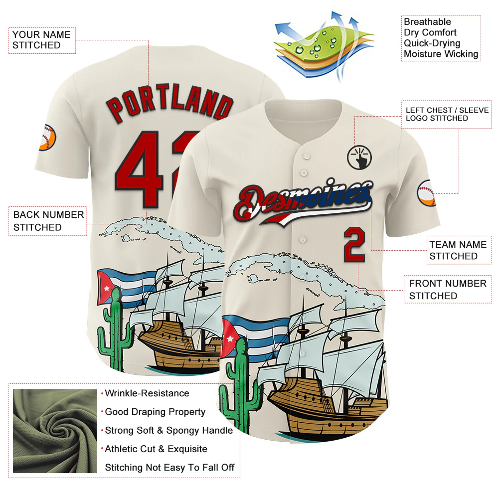 Custom Cream Red Black-Cuban Flag 3D Cuba Authentic Baseball Jersey - Image 3