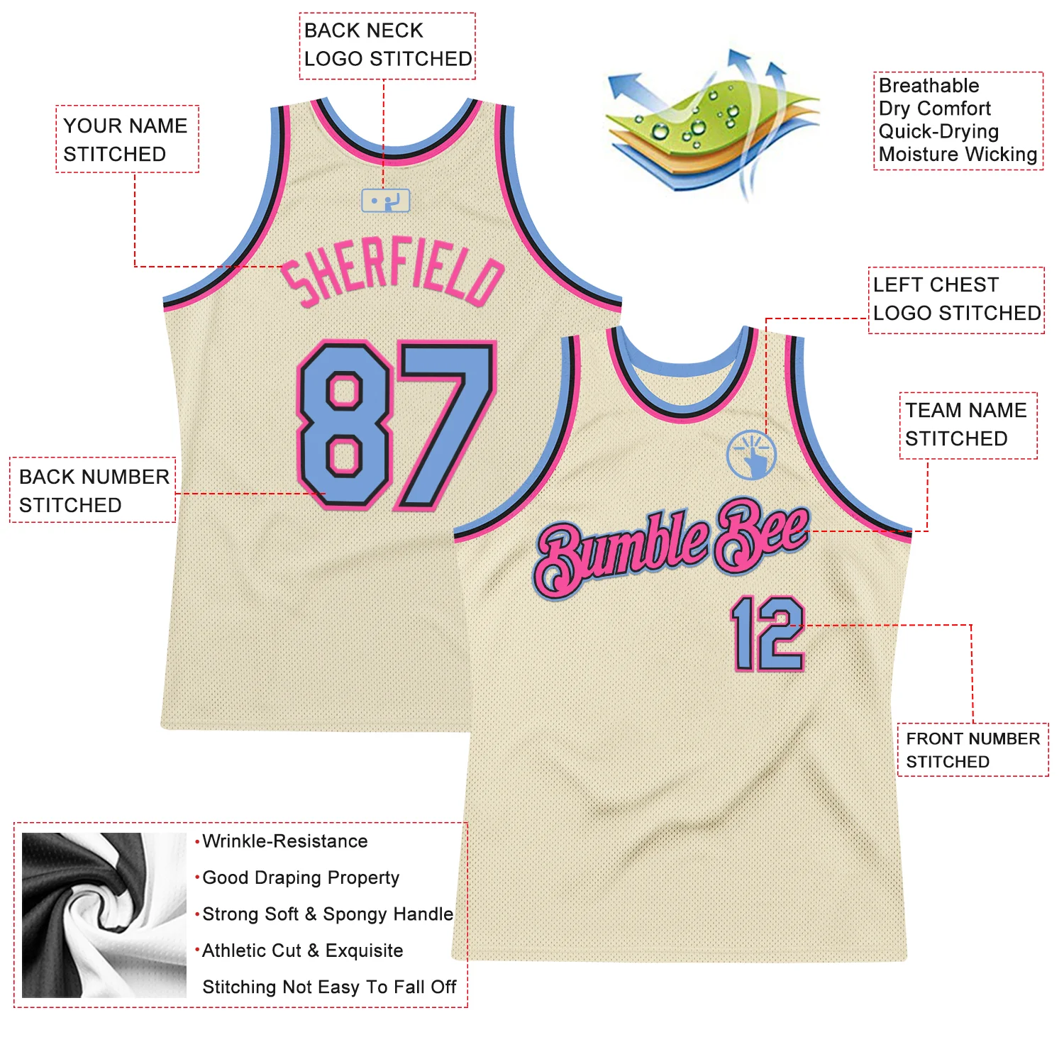 Custom Cream Light Blue Black-Pink Authentic Throwback Basketball Jersey - Image 2