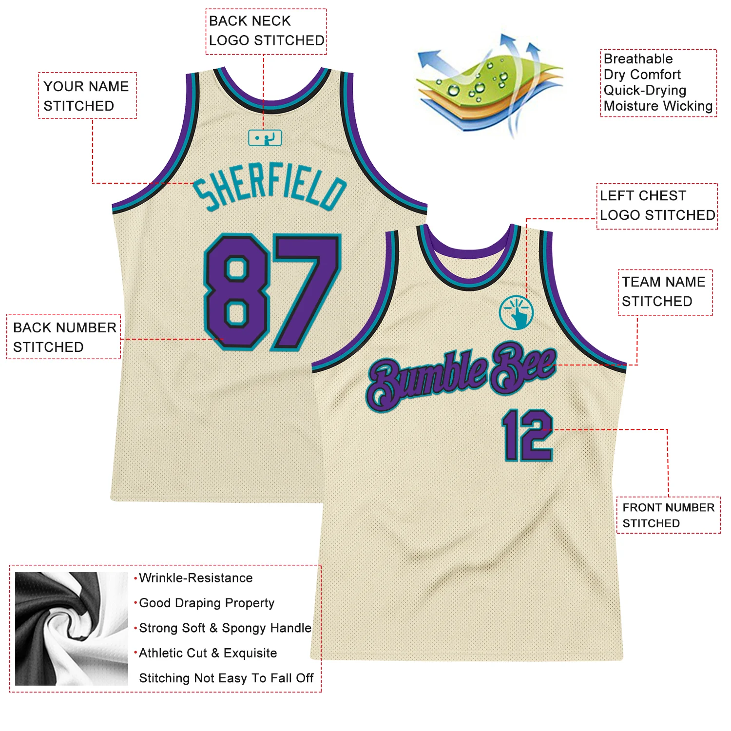 Custom Cream Purple Black-Teal Authentic Throwback Basketball Jersey - Image 2