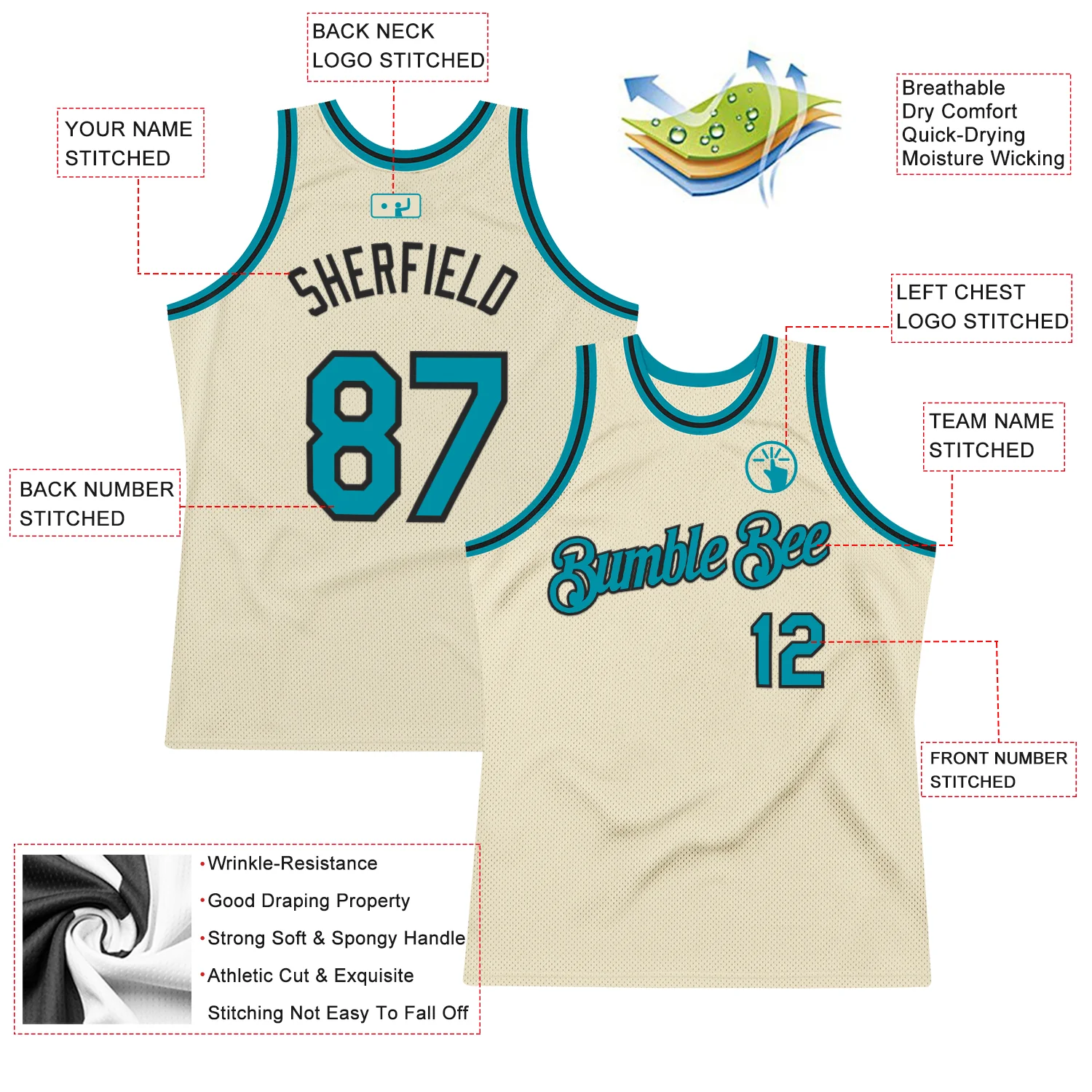 Custom Cream Teal-Black Authentic Throwback Basketball Jersey - Image 2