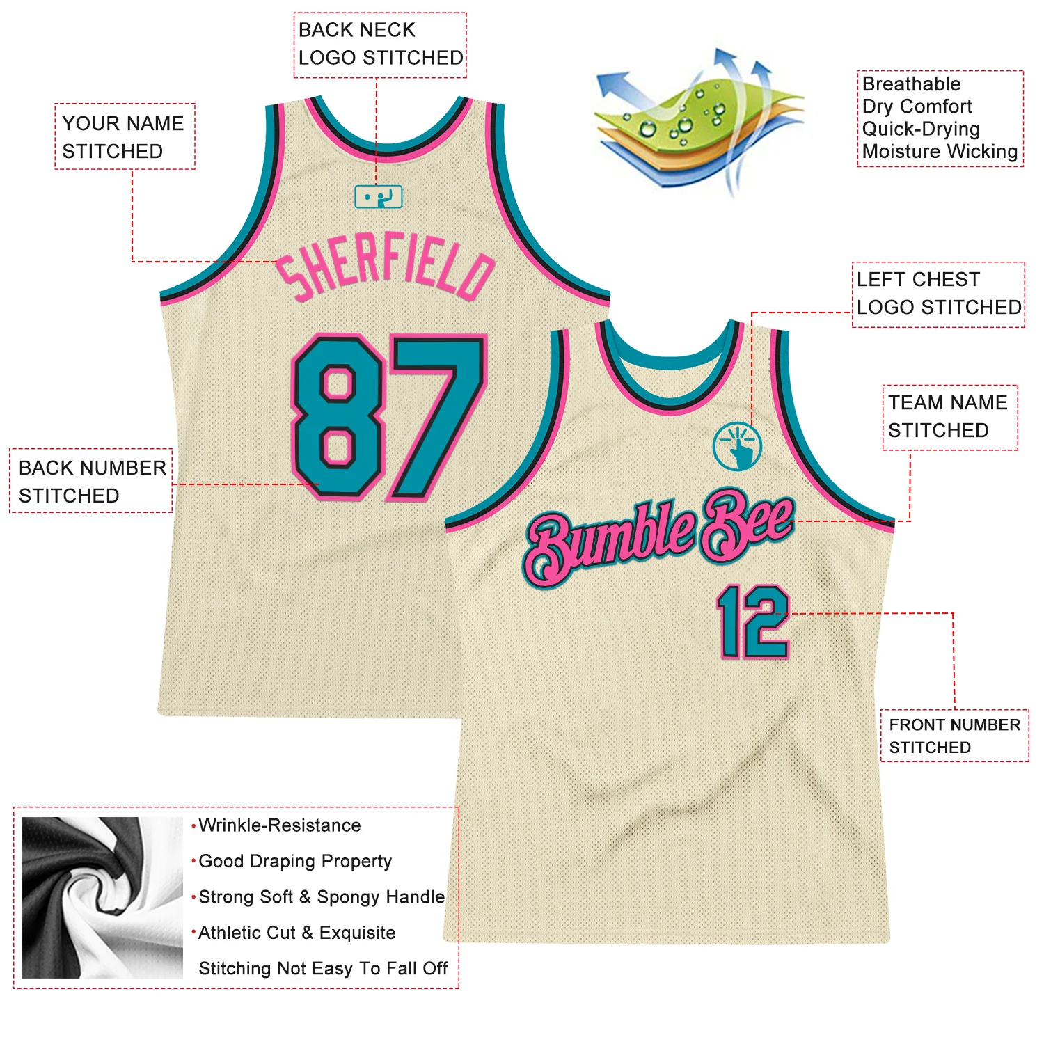 Custom Cream Teal Black-Pink Authentic Throwback Basketball Jersey - Image 2