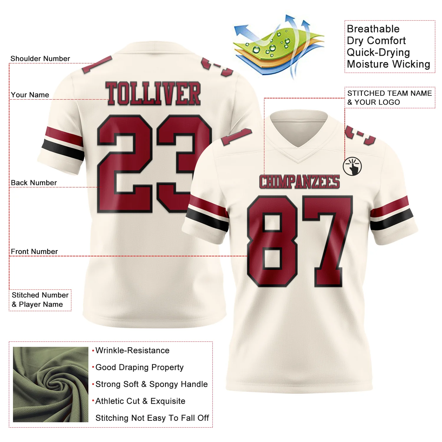 Custom Cream Cardinal-Black Authentic Football Jersey - Image 3